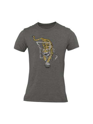 charcoal heather t-shirt with tiger through state of Missouri with football