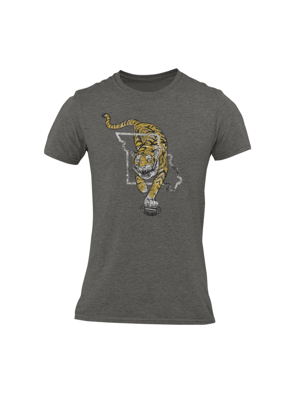 charcoal heather t-shirt with tiger through state of Missouri with football