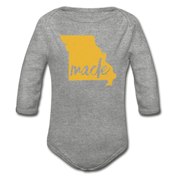 Made (Missouri gold print) Organic Long Sleeve Baby Bodysuit - heather gray