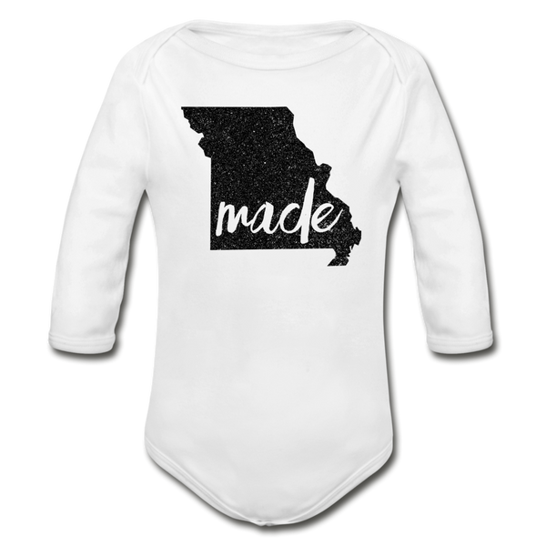 Made (Missouri black print) Organic Long Sleeve Baby Bodysuit - white