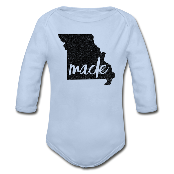Made (Missouri black print) Organic Long Sleeve Baby Bodysuit - sky